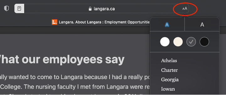 Safari Reader View with the Aa button circled in the address bar, opening options for text size, background colour and font.