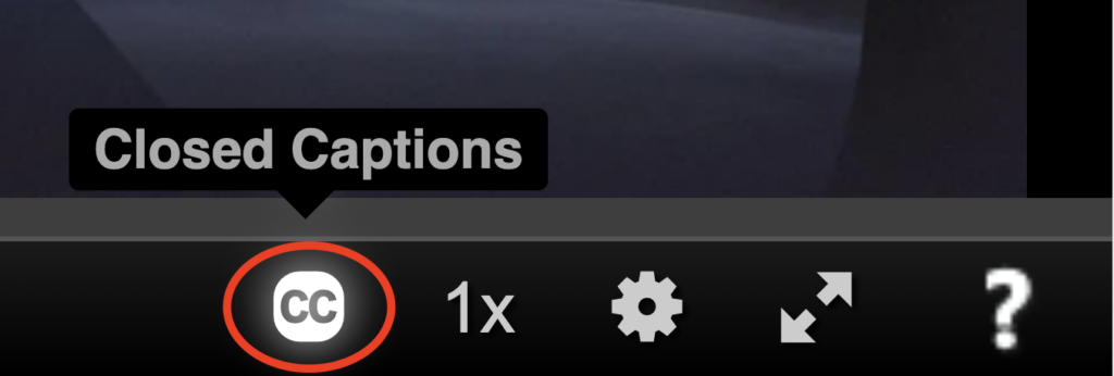 The Kaltura player toolbar with the Closed Captions (CC) button circled.