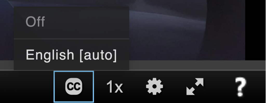 The Closed Captions menu open with Off and English [auto] options.