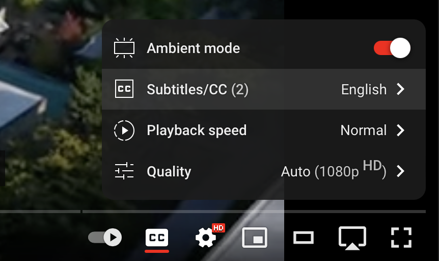 The YouTube Settings menu with Subtitles/CC selected.
