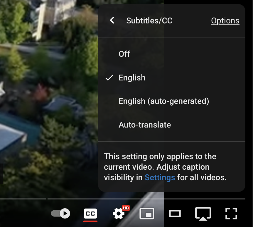 The Subtitles/CC menu with Off, English (checked), English (auto-generated) and Auto-translate.