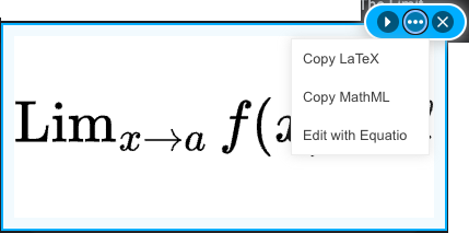 A math expression captured with Screenshot Reader, with play, menu and close buttons and a menu offering Copy LaTeX, Copy MathML and Edit with Equatio.