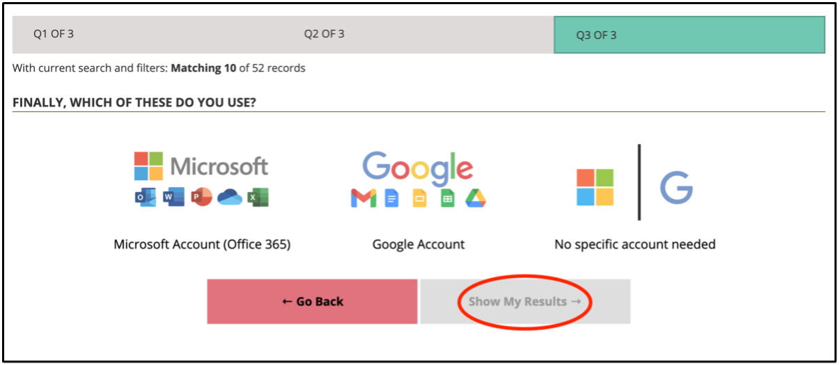 Question 3 of 3, with Microsoft Account (Office 365), Google Account and No specific account needed, and the Show My Results button circled.