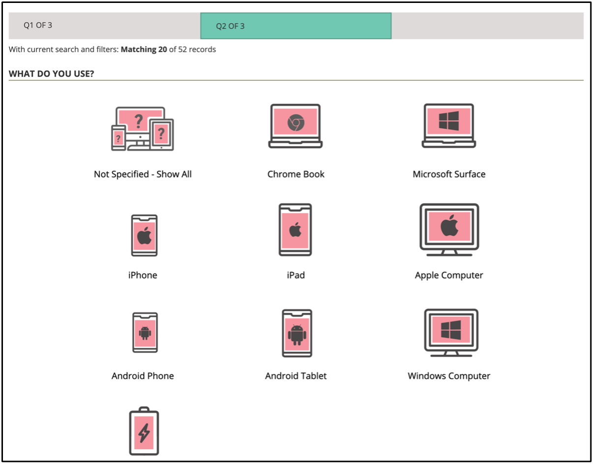 Question 2 of 3, What do you use, with device options including Chrome Book, Microsoft Surface, iPhone, iPad, Apple Computer, Android Phone, Android Tablet and Windows Computer.
