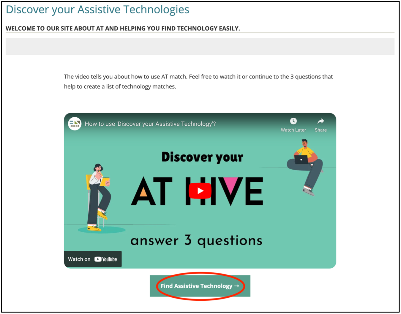 The Discover your Assistive Technologies page with an introductory video and the Find Assistive Technology button circled.