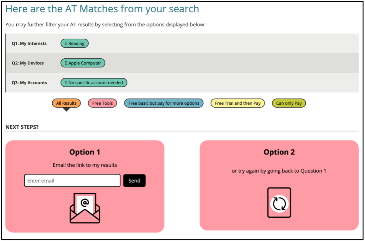 The AT Matches page showing the chosen answers, pricing filters, and options to email the results or start again.