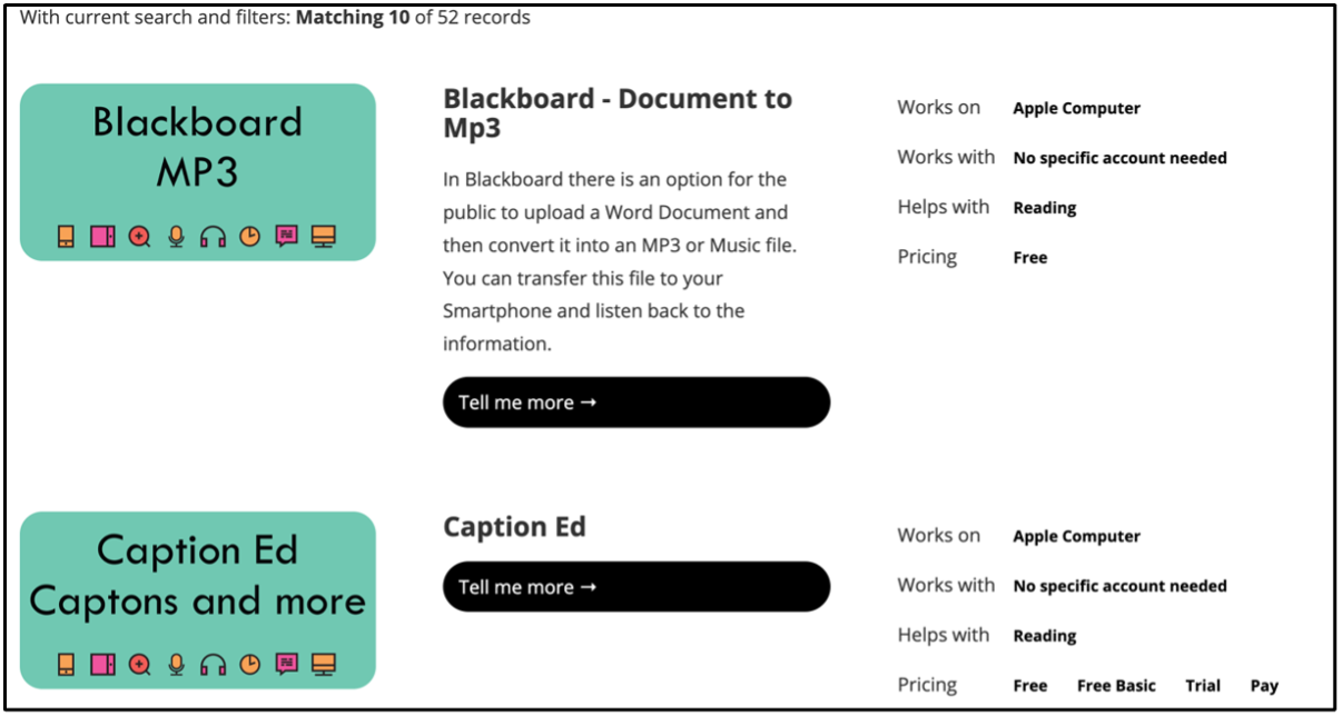 Two results, Blackboard Document to MP3 and Caption Ed, each with a Tell me more button and details on device, account, purpose and pricing.