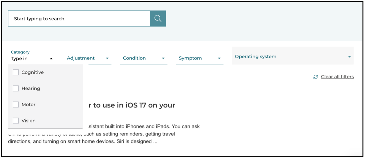 The Category filter open with checkboxes for Cognitive, Hearing, Motor and Vision.