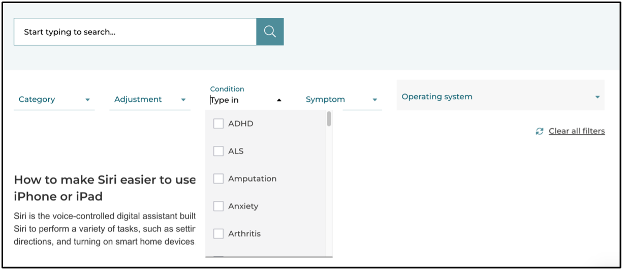 The Condition filter open with checkboxes including ADHD, ALS, Amputation, Anxiety and Arthritis.