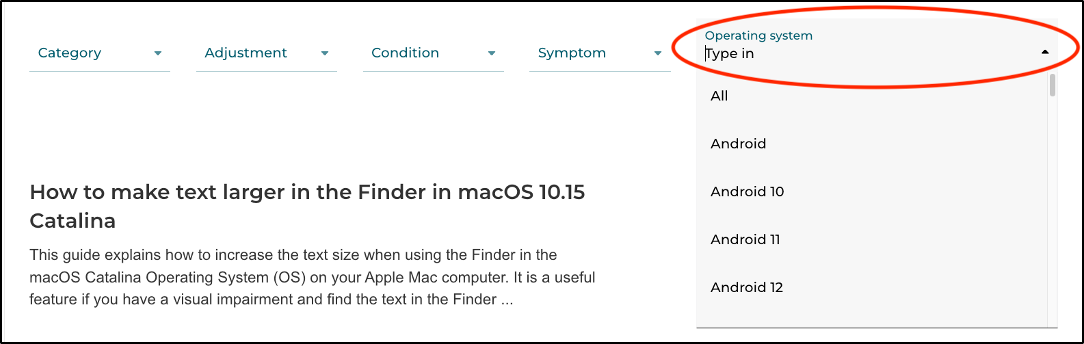 The My Computer My Way filters with the Operating system menu circled and open, listing All, Android, Android 10, Android 11 and Android 12.