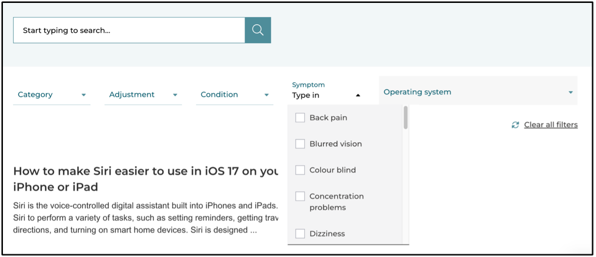 The Symptom filter open with checkboxes including Back pain, Blurred vision, Colour blind, Concentration problems and Dizziness.