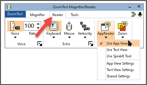 The Reader tab with an arrow pointing to it and the AppReader menu open, with Use App View checked. Other options are Use Text View, Use SpeakIt Tool and settings for each view.