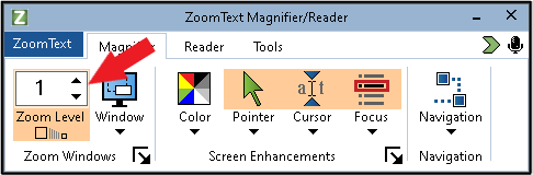 The ZoomText Magnifier tab with an arrow pointing to the Zoom Level setting.