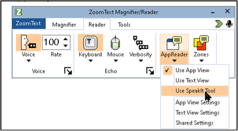 The AppReader menu with the pointer on Use SpeakIt Tool.