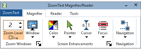 The ZoomText toolbar on the Magnifier tab, with Zoom Level, Window, Color, Pointer, Cursor, Focus and Navigation buttons.