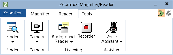 The ZoomText Tools tab with Finder, Camera, Background Reader, Recorder and Voice Assistant.