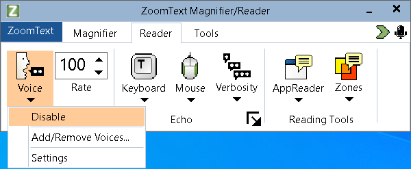 The Reader tab with the Voice menu open, offering Disable, Add/Remove Voices and Settings. The Rate is set to 100.