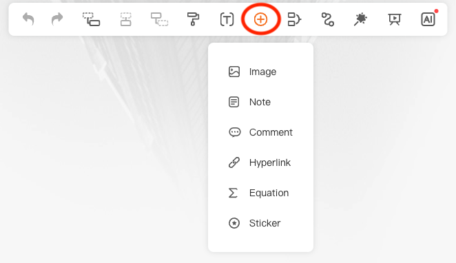 The Insert button circled on the GitMind toolbar, with a menu offering Image, Note, Comment, Hyperlink, Equation and Sticker.
