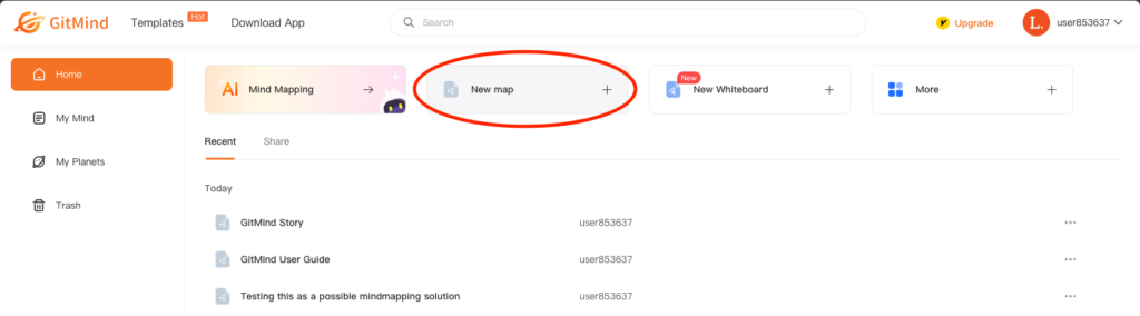 The GitMind home page with New map circled.