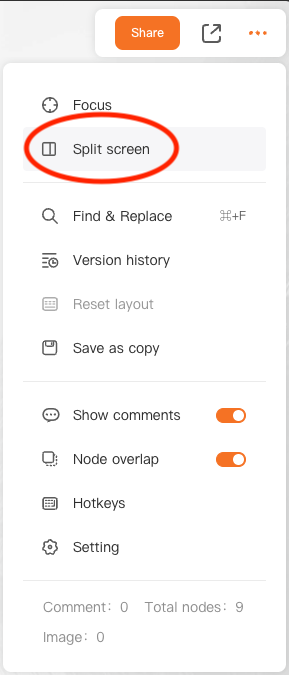 The More menu with Split screen circled. Other options include Focus, Find & Replace, Version history, Hotkeys and Setting.