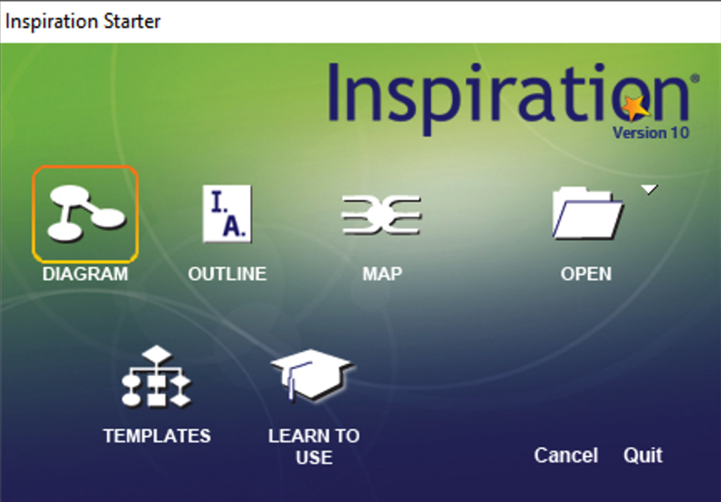 The Inspiration Starter window with Diagram, Outline, Map, Open, Templates and Learn to Use buttons.