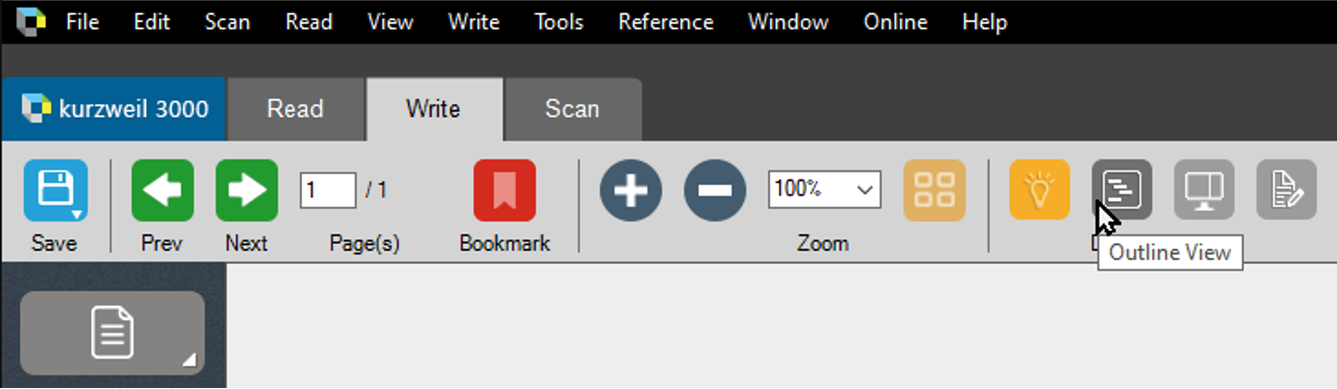 The Kurzweil Write toolbar with the pointer on the Outline View button.