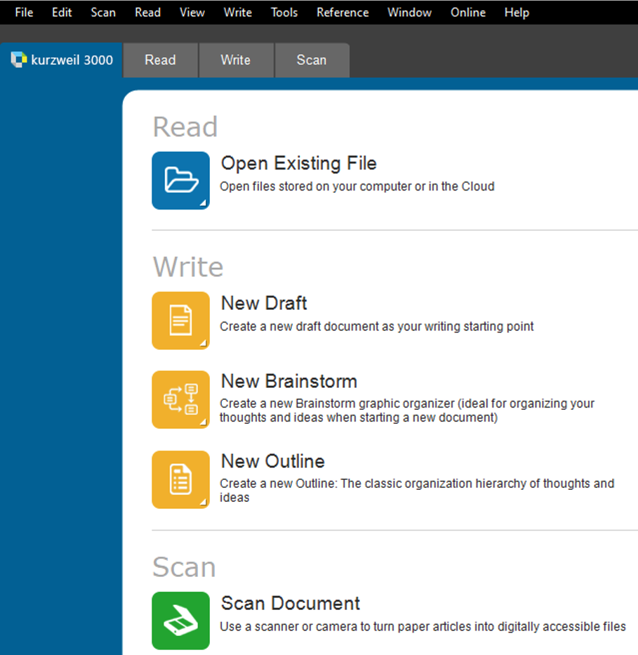 The Kurzweil 3000 start screen with Read (Open Existing File), Write (New Draft, New Brainstorm, New Outline) and Scan (Scan Document) options.