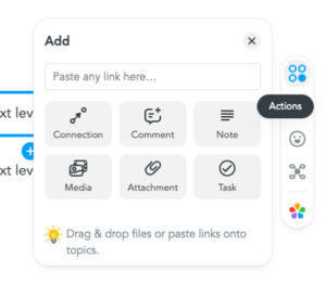 The MindMeister Add panel with Connection, Comment, Note, Media, Attachment and Task.