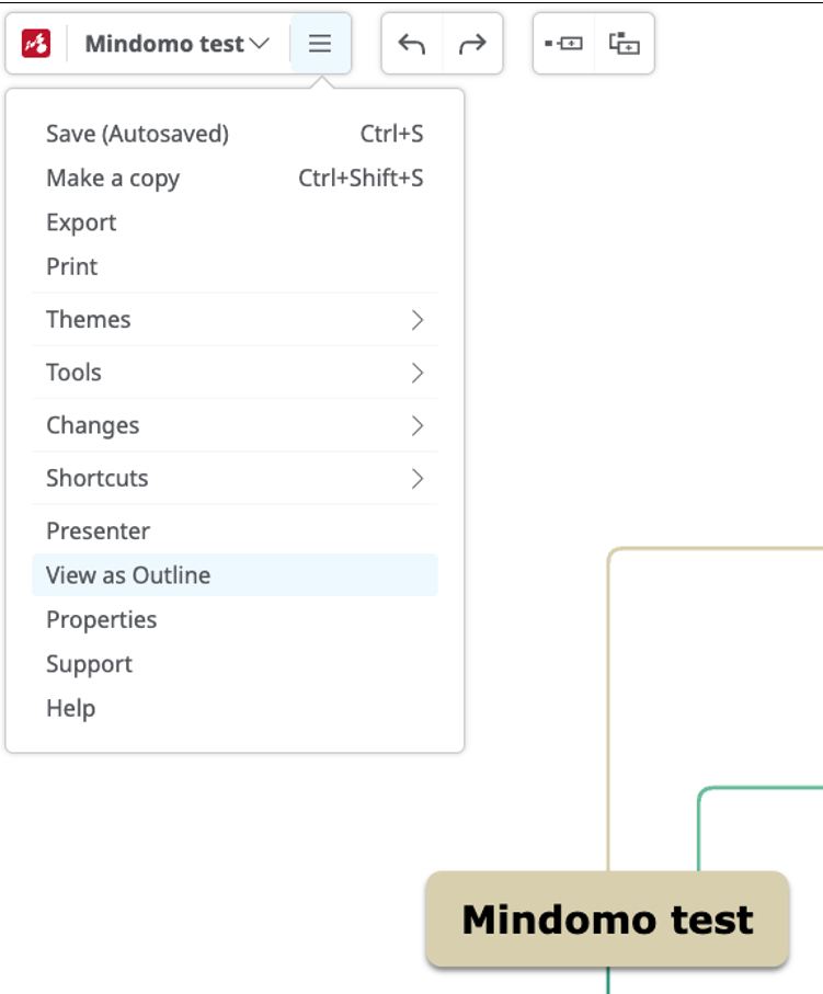 The Mindomo menu open with View as Outline highlighted.