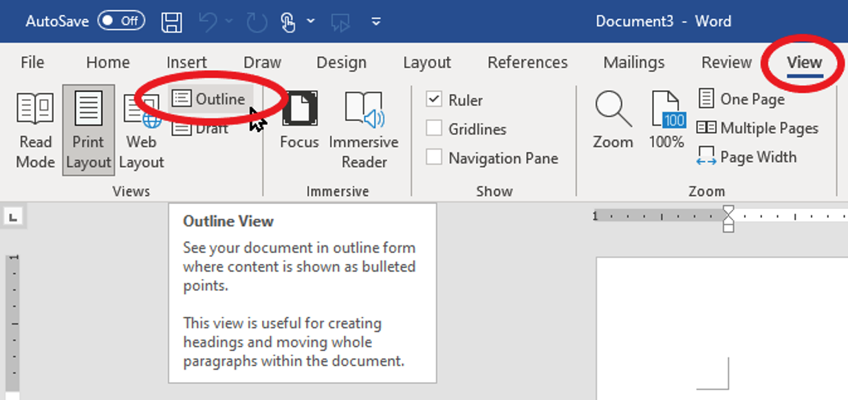 The Word View tab with View and Outline circled and the Outline View tooltip showing.