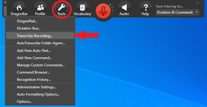 The DragonBar Tools menu with an arrow pointing to Transcribe Recording.