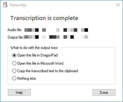 The Transcription is complete dialog with options to open the file in DragonPad or Microsoft Word, copy the text to the clipboard, or do nothing else.