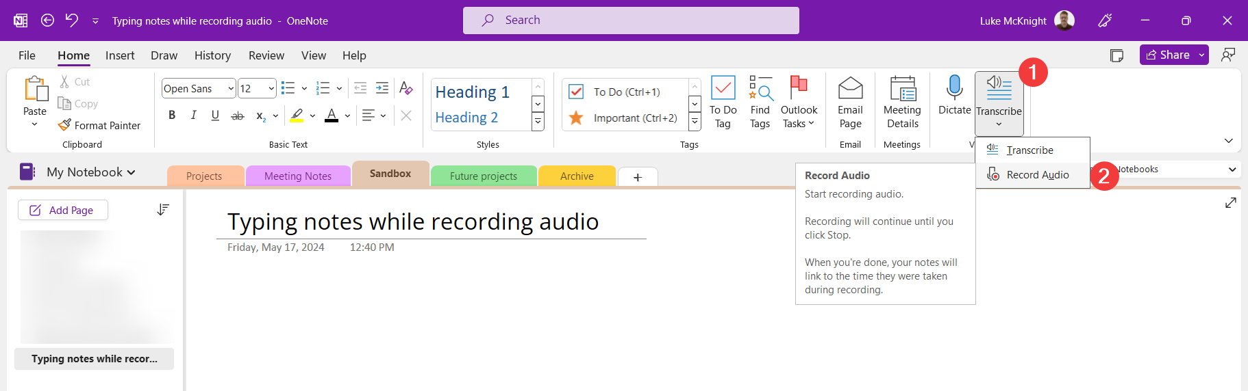 OneNote with the Transcribe menu (1) open on the Home tab and Record Audio (2) marked.