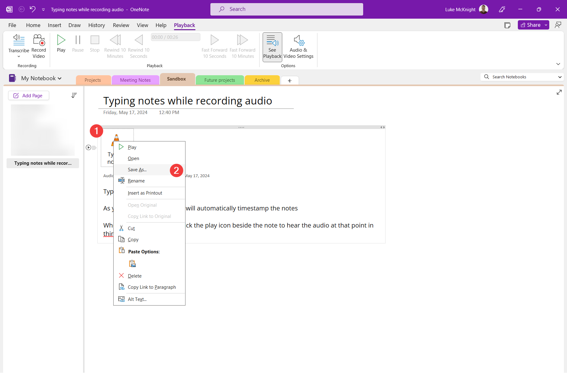 The right-click menu for the audio file (1) with Save As (2) marked.