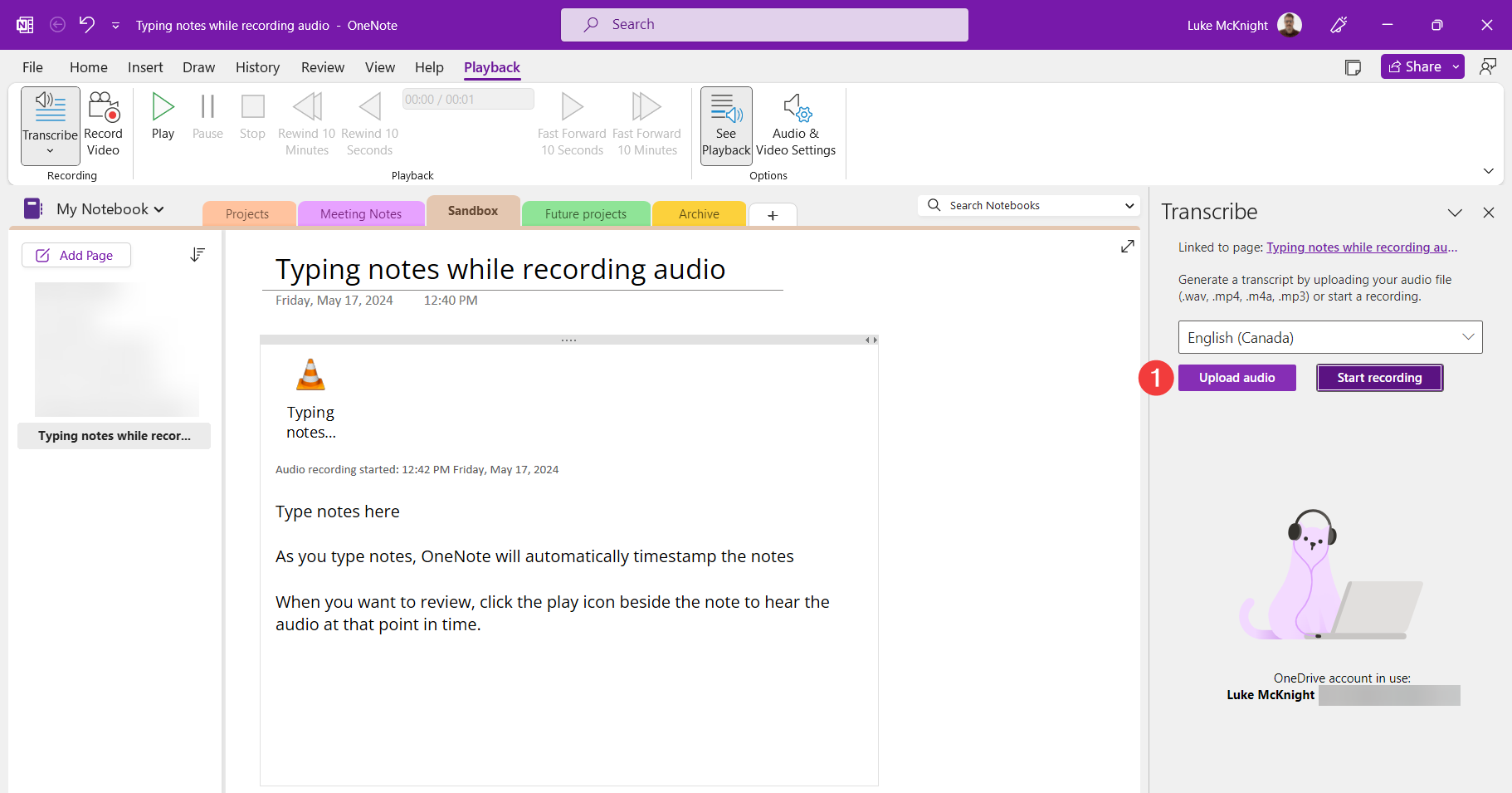 The Transcribe panel on the right of OneNote with the Upload audio button marked.