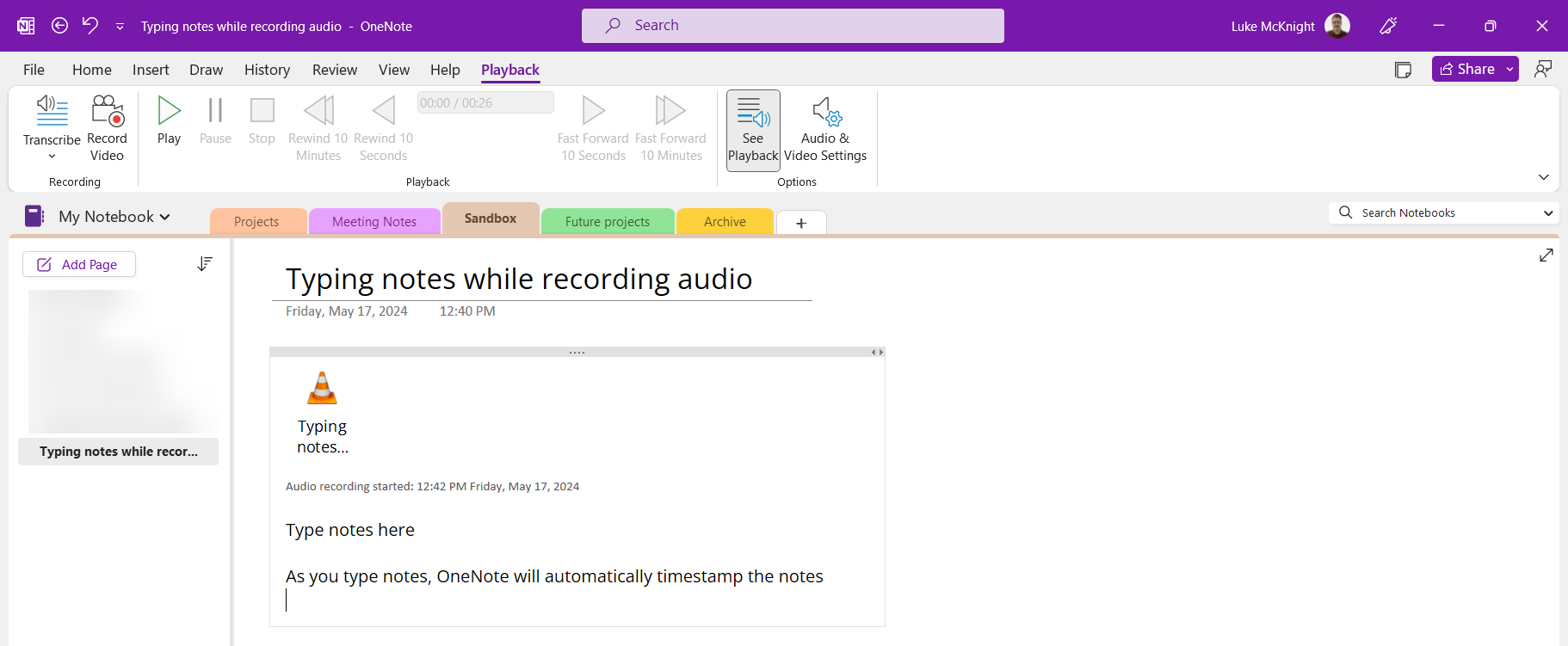 A OneNote page with an audio recording at the top and typed notes below it.