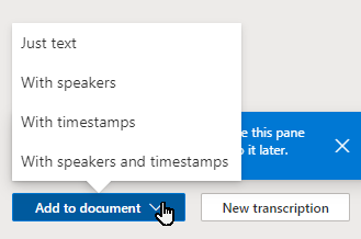 The Add to document menu with Just text, With speakers, With timestamps, and With speakers and timestamps.