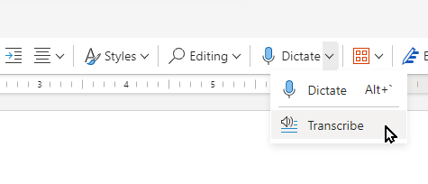 The Dictate menu in Word open, with the pointer on Transcribe.
