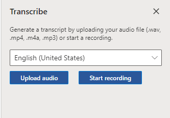 The Transcribe pane with a language menu and Upload audio and Start recording buttons.