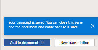 A message saying the transcript is saved, with Add to document and New transcription buttons.