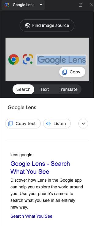 The Google Lens panel in Chrome with the Text tab selected, showing Copy text and Listen buttons.