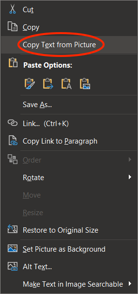 The OneNote right-click menu for a picture with Copy Text from Picture circled.