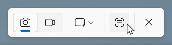 The Snipping Tool toolbar with the pointer on the Text Extractor button, just before the close button.