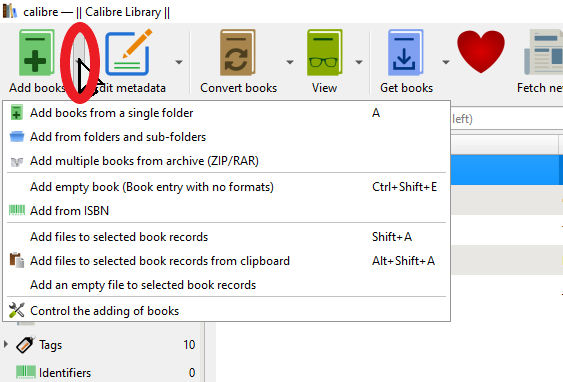 The Add books menu open, with Add books from a single folder at the top, followed by Add from folders and sub-folders.