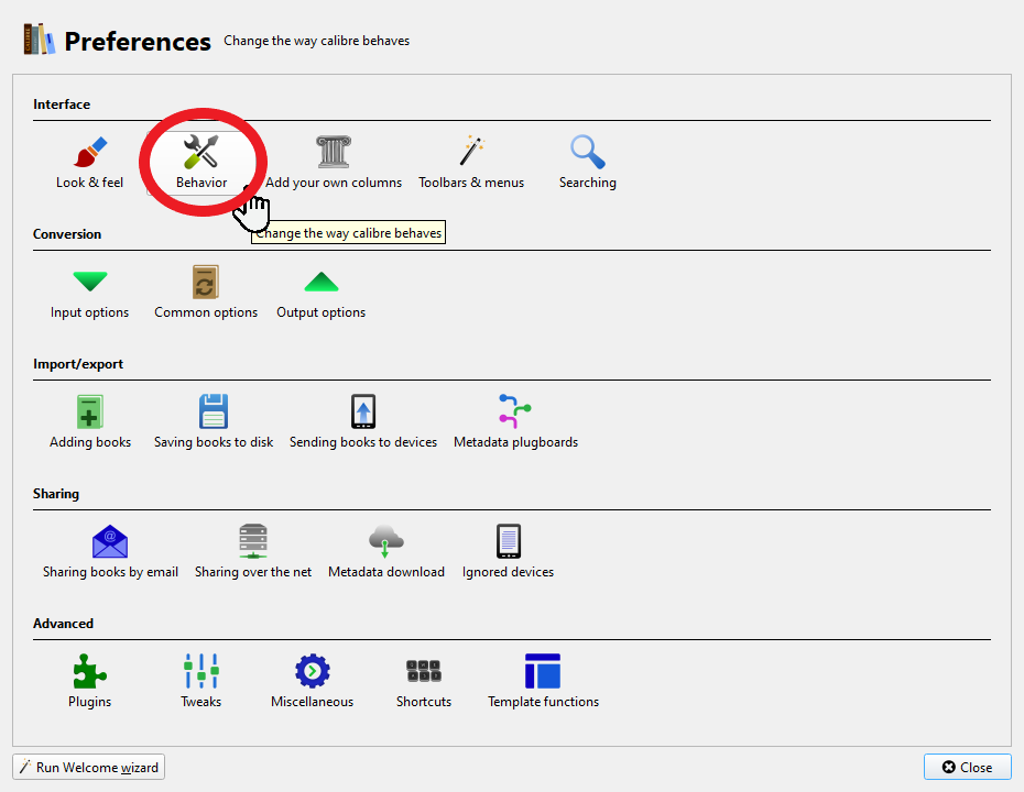 The Calibre Preferences window with Behavior circled under Interface.
