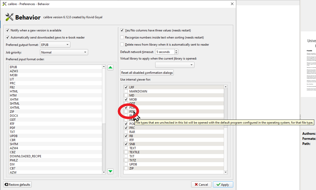 The Behavior settings with the PDF checkbox circled in the Use internal viewer for list.
