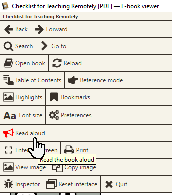 The Calibre e-book viewer menu with the pointer on Read aloud.