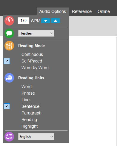 The Audio Options menu with reading speed (170 WPM), voice, Reading Mode (Continuous, Self-Paced, Word by Word), Reading Units (Word, Phrase, Line, Sentence, Paragraph, Heading, Highlight) and language.