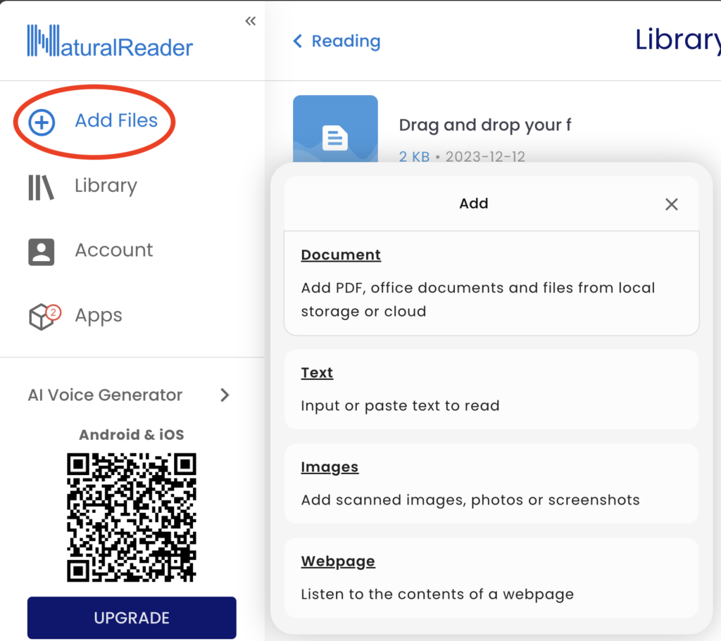 Add Files circled in the NaturalReader menu, with the Add dialog offering Document, Text, Images and Webpage.