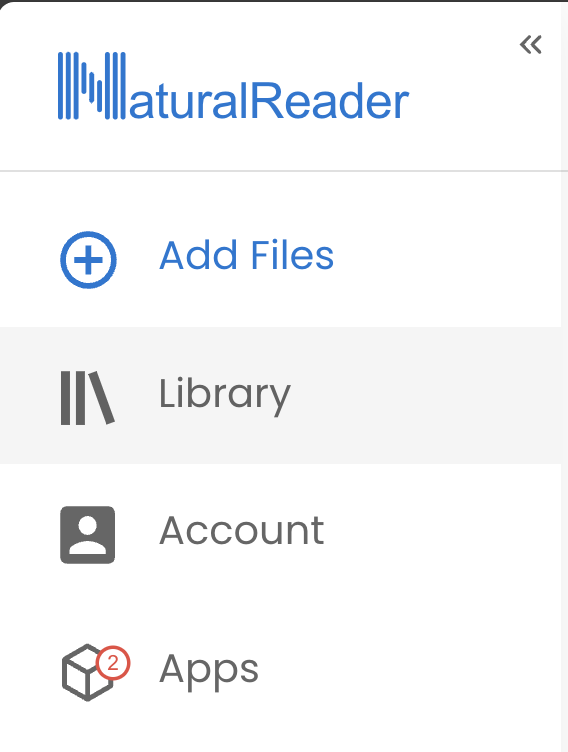 The NaturalReader menu with Add Files, Library, Account and Apps.